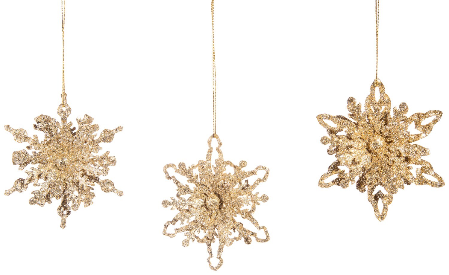 3 Asst&#39;d metal snowflake ornaments 3D with champagne gold glitter finish, 3 in  12      