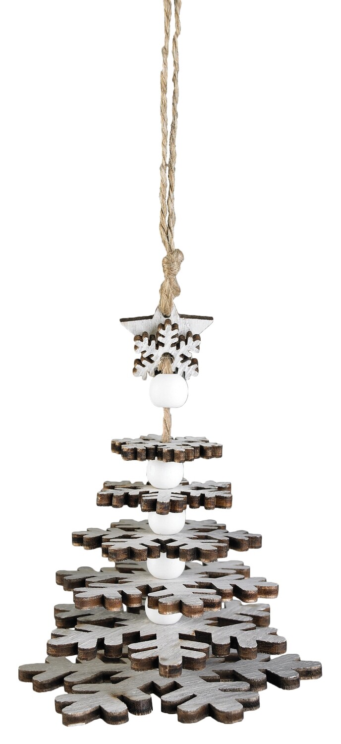 Tiered wood snowflake tree ornament, white w/star top, 4.75 in  24      