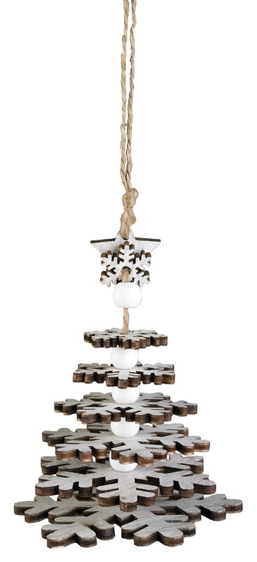 Tiered wood snowflake tree ornament, white w/star top, 4.75 in  24      
