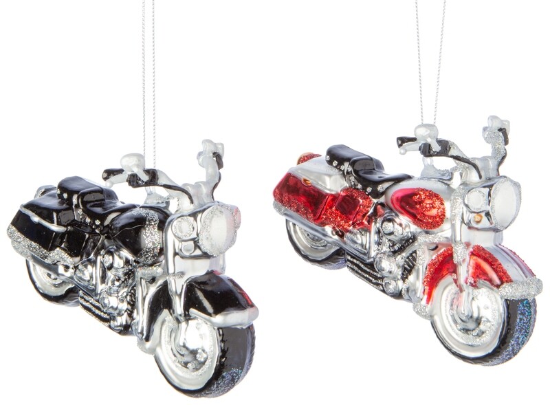 2 Asst&#39;d blown glass vintage motorcycle, shiny red, silver and black, 5.25 in  6      