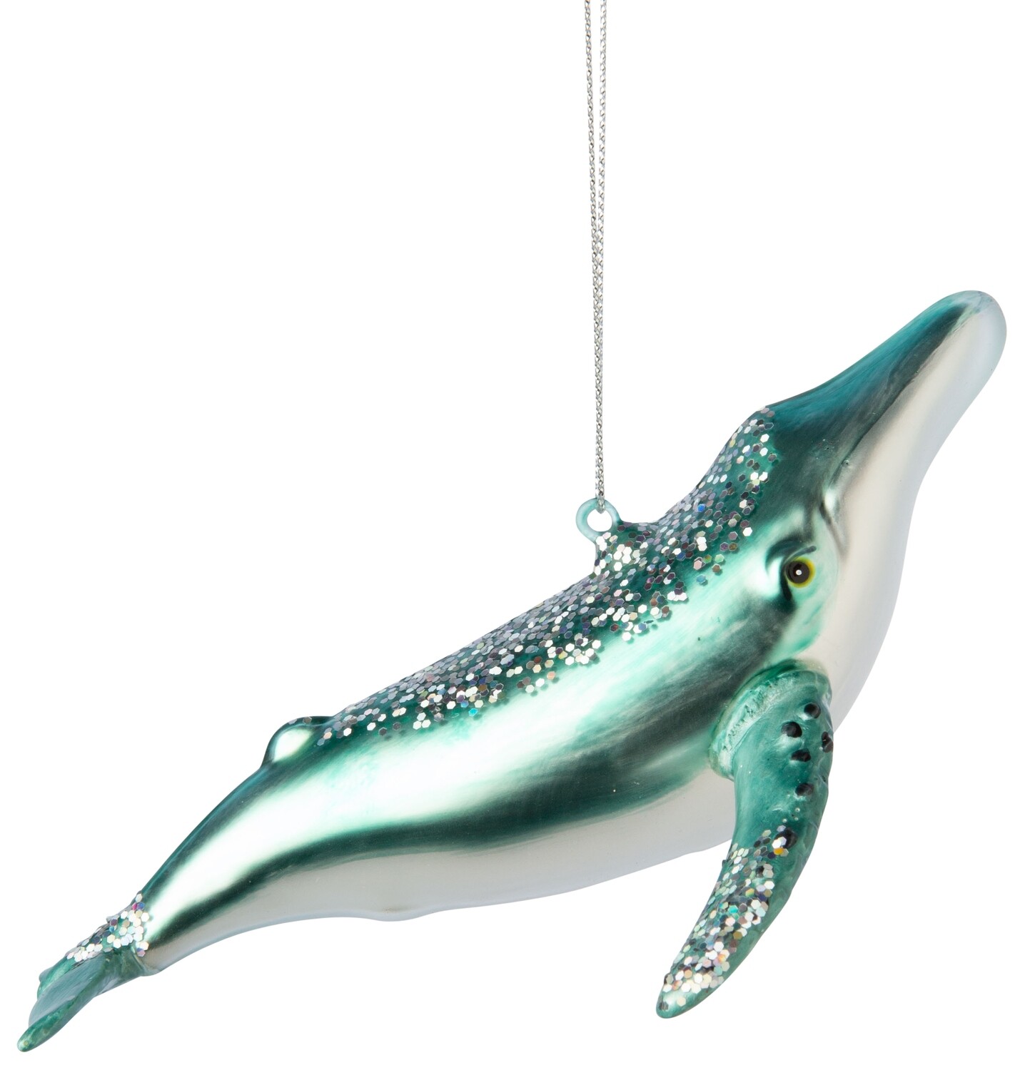 Glass sperm whale ornament, light blue with light blue glitter finish, 5.75 in  6      