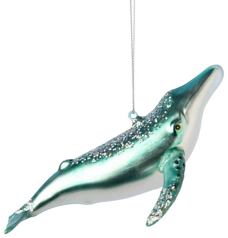 Glass sperm whale ornament, light blue with light blue glitter finish, 5.75 in  6      