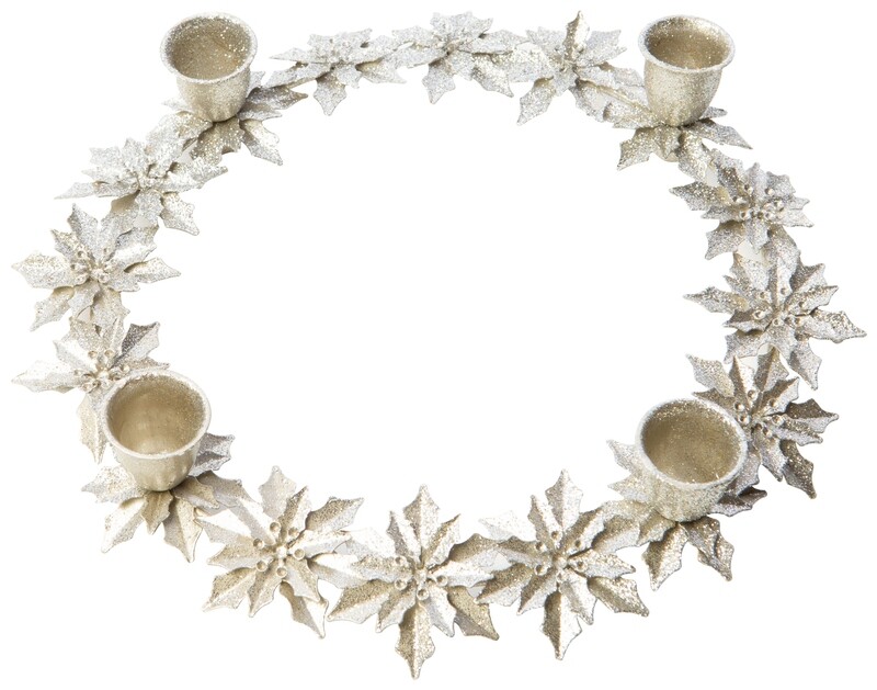 Antique silver glittered metal poinsettia taper candle ring, 10 in  2