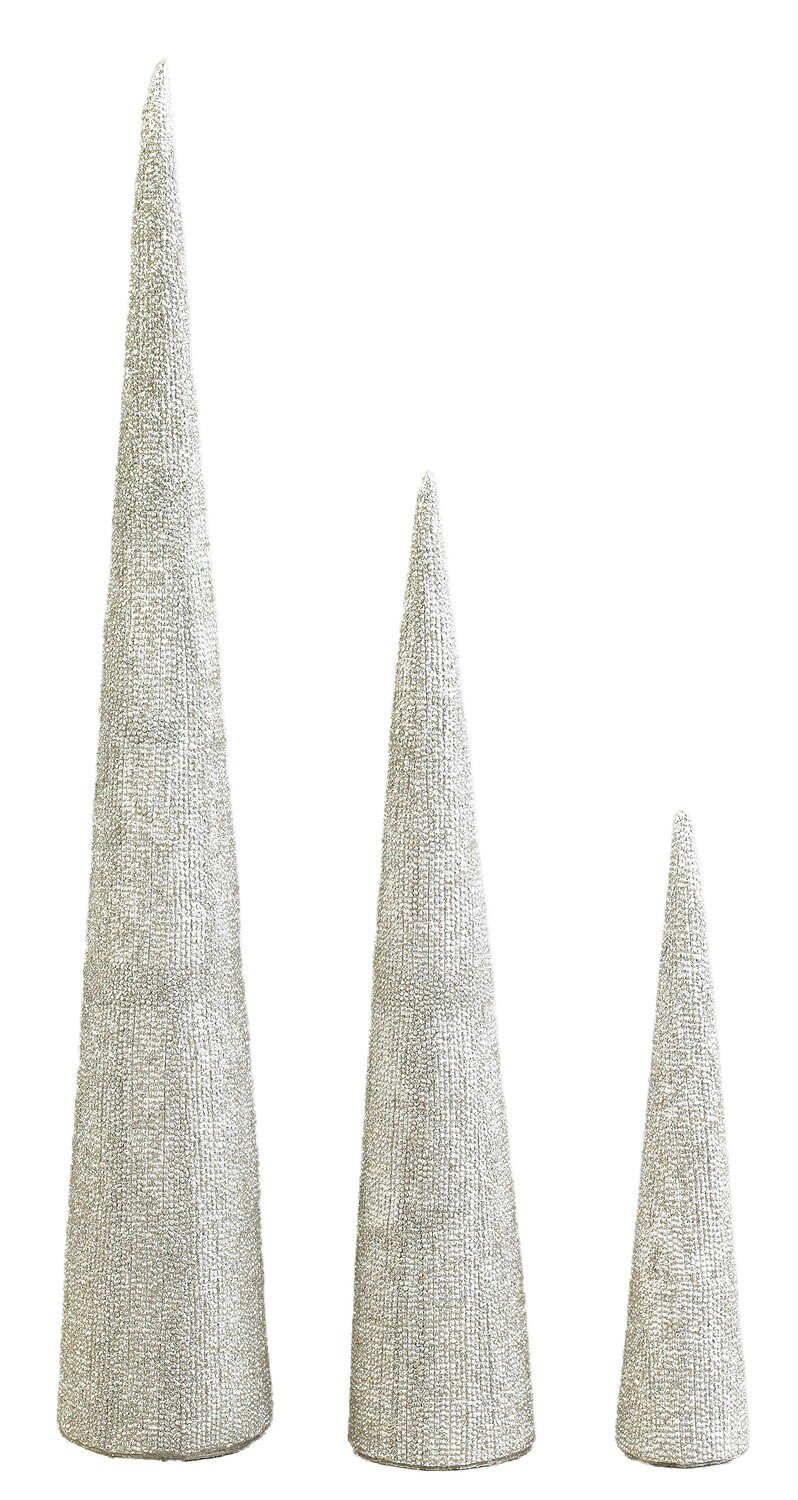 Set of 3 textured resin cone tabletop trees, champagne gold w/glitter, 9+10.5+12 in  6      