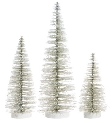 Set of 3 frost silver bristle trees, iridescent glitter on wood base, 8+10+14 in  4      