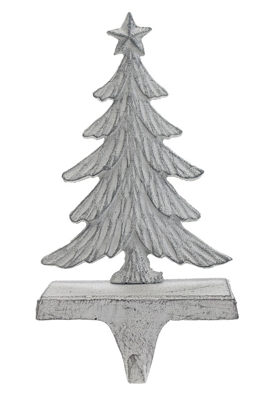 Cast iron stocking holder, antique white fir tree w/star, 9 in  6      