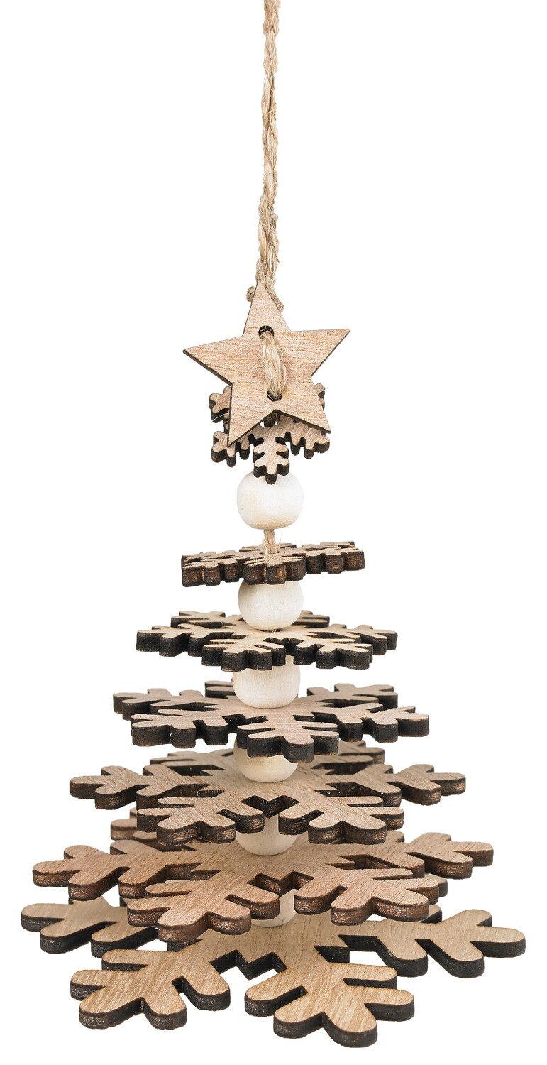 Tiered wood snowflake tree ornament, natural colour on jute rope, 4.5 in  24      