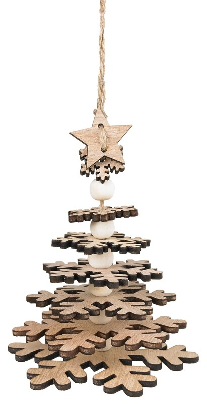 Tiered wood snowflake tree ornament, natural colour on jute rope, 4.5 in  24      