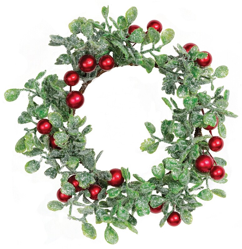 Faux glittered boxwood candle ring w/ red berries, 3.5 in  24
