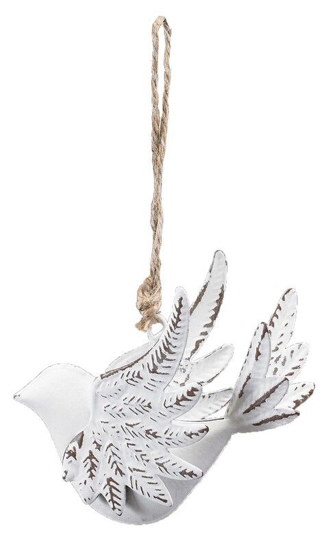 Stamped metal 3D dove ornament, distressed matte white finish, 3.5 in  12      