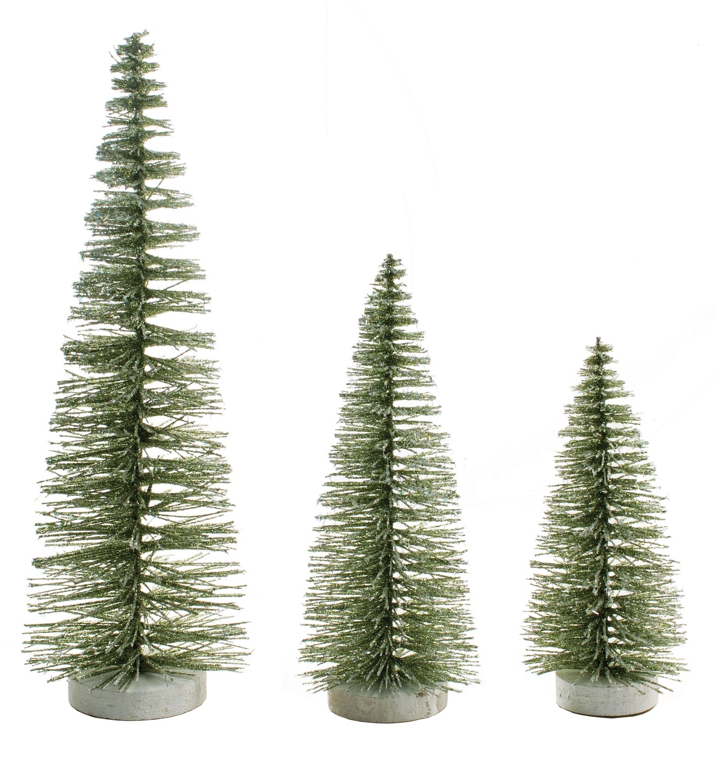 Set of 3 moss green bristle trees, iridescent glitter on wood base, 8+10+14 in  4      