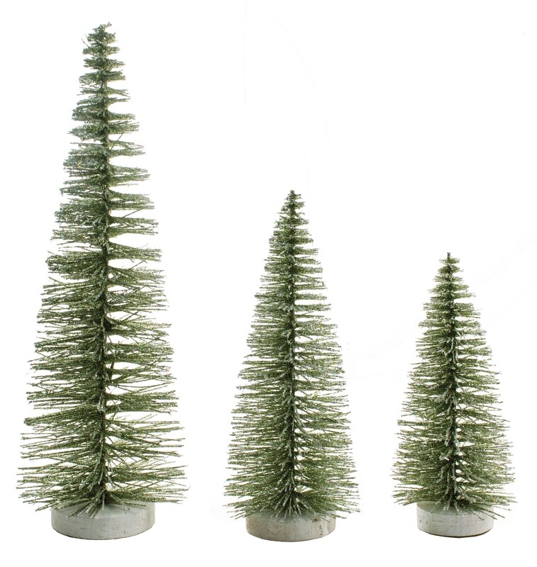 Set of 3 moss green bristle trees, iridescent glitter on wood base, 8+10+14 in  4      
