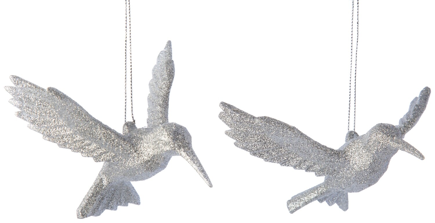 2 Asst&#39;d acrylic hummingbird ornaments, bright silver glitter, 4.5 in  24      