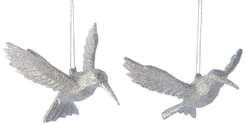2 Asst&#39;d acrylic hummingbird ornaments, bright silver glitter, 4.5 in  24      