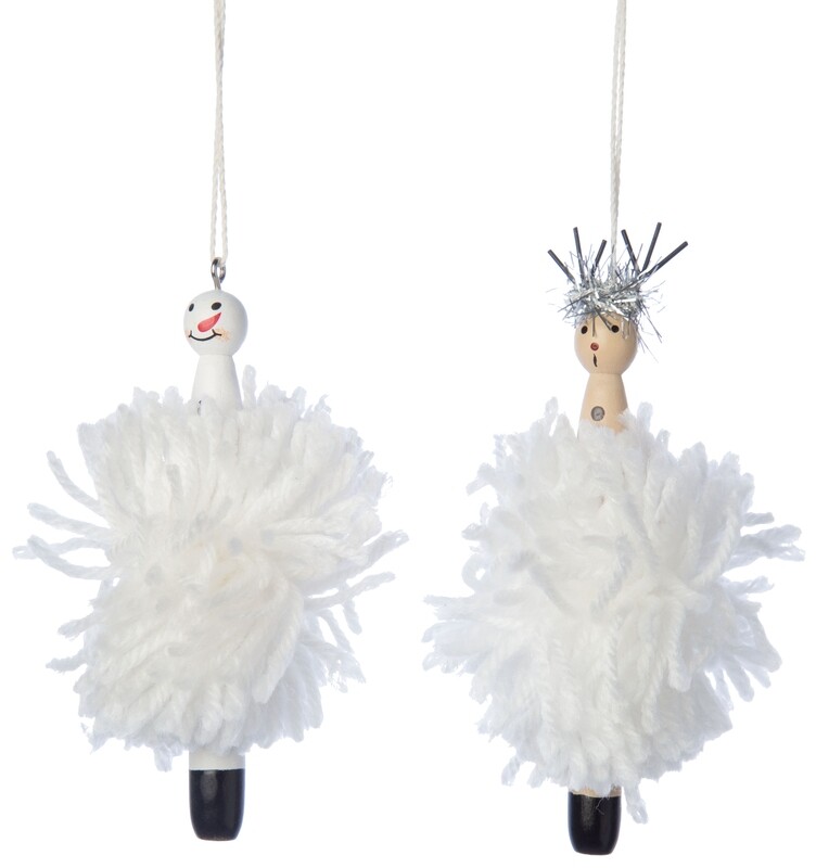 2 Asst&#39;d painted wood reindeer and snowman ornaments w/yarn pom pom, pom pom trim, 4.5 in  12            