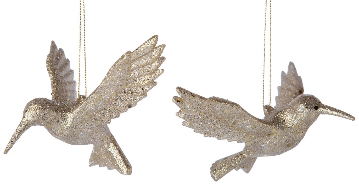 2 Asst&#39;d acrylic hummingbird ornaments, light gold glitter, 4.5 in  24      