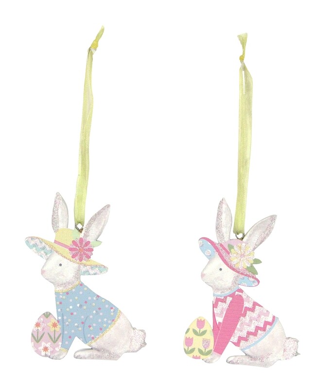 2 Asst&#39;d Easter bonnet wood bunny orn, 3.5 in  12       