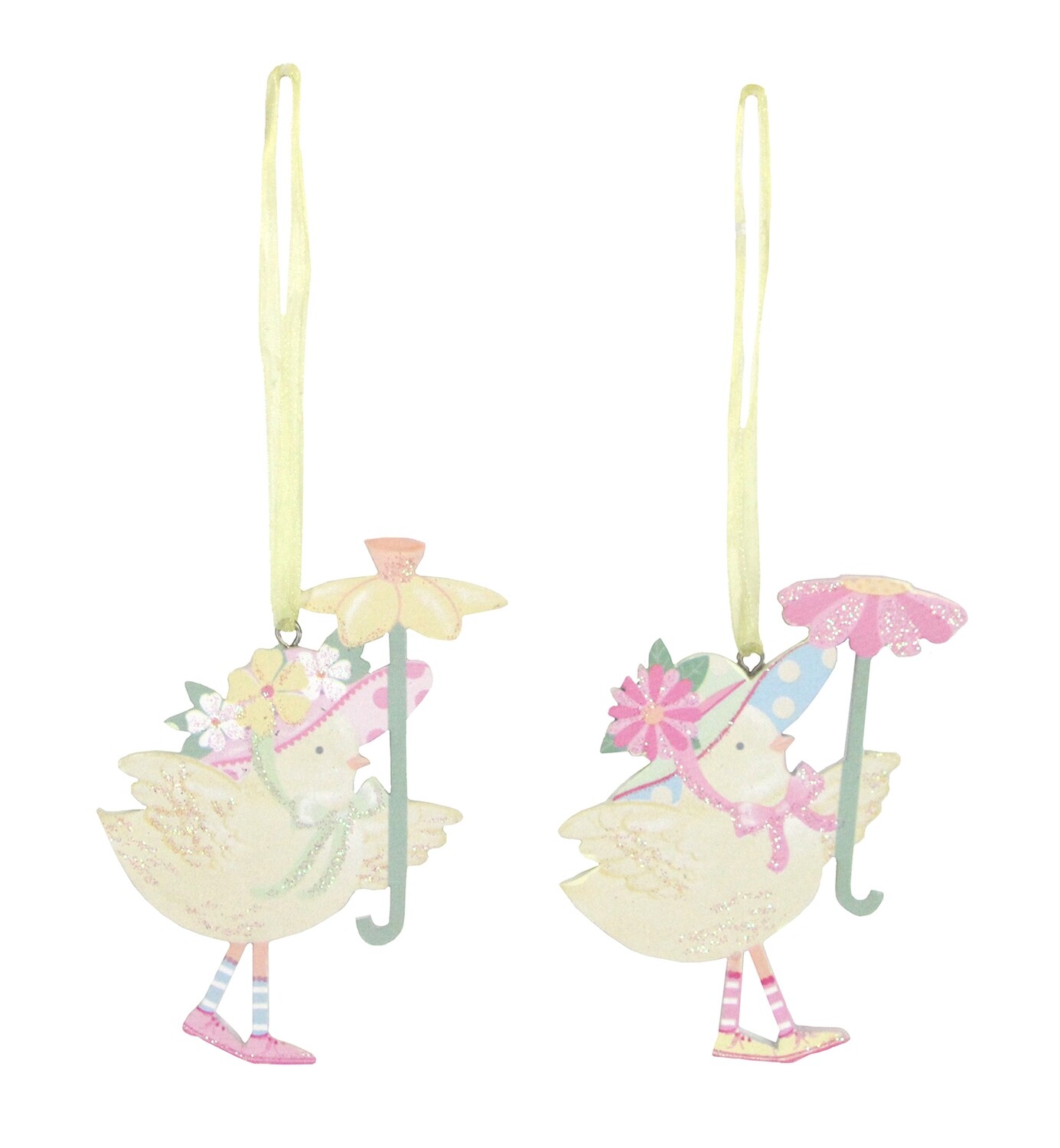 2 Asst&#39;d Easter bonnet wood chick with umbrella orn, 3.5 in  12       
