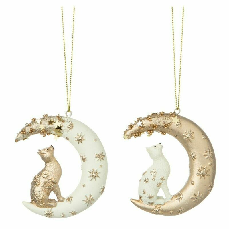 2 Asst&#39;d painted resin cat in crescent moon ornaments with gold and cream, 2.5 in  12      