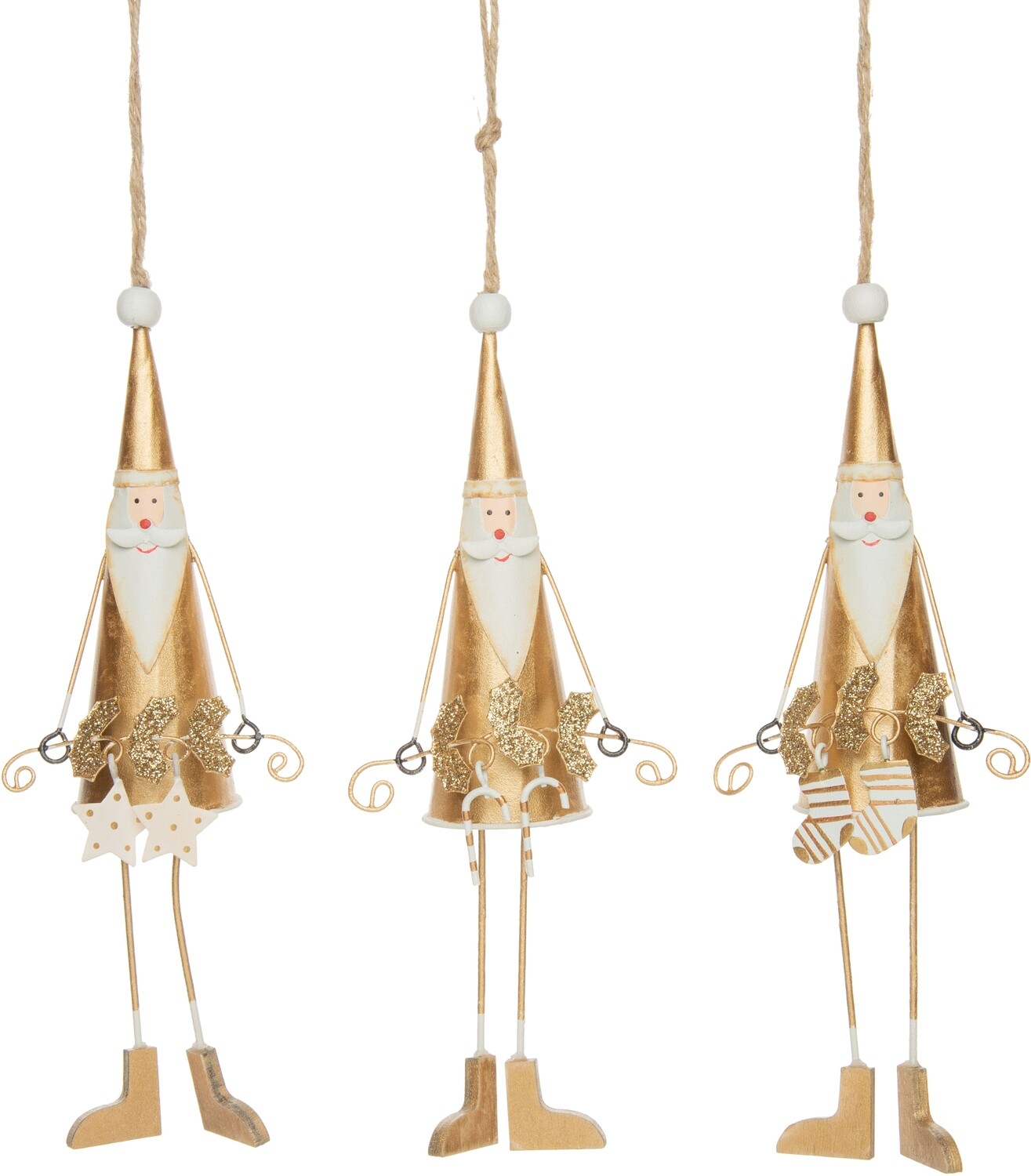 3 Asst&#39;d tin Santa ornaments with dangling legs, white and gold, 8.5 in  24      