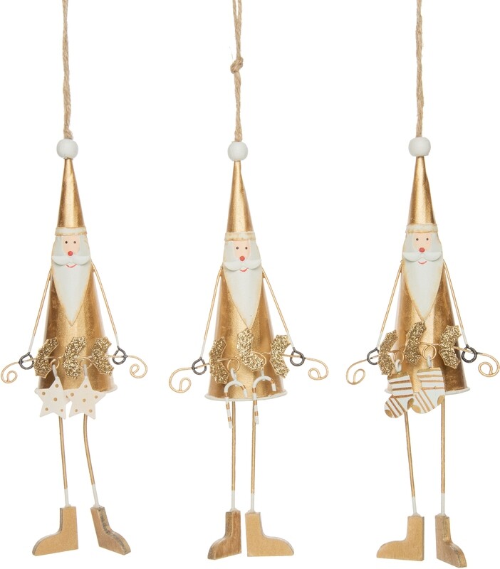 3 Asst&#39;d tin Santa ornaments with dangling legs, white and gold, 8.5 in  24      