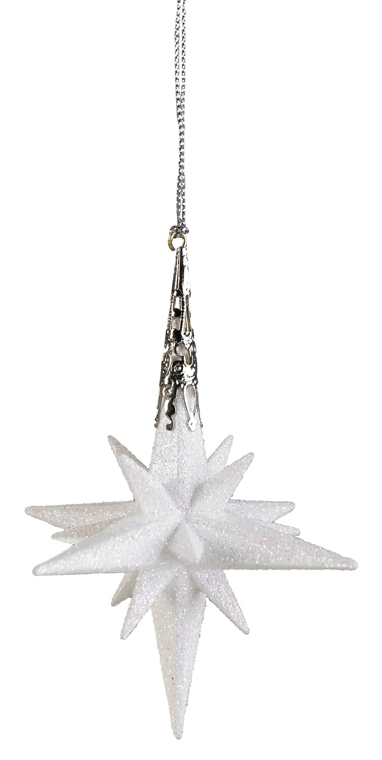 Bright silver glittered acrylic Moravian star ornament with filigree topper, 3.5 in  12      