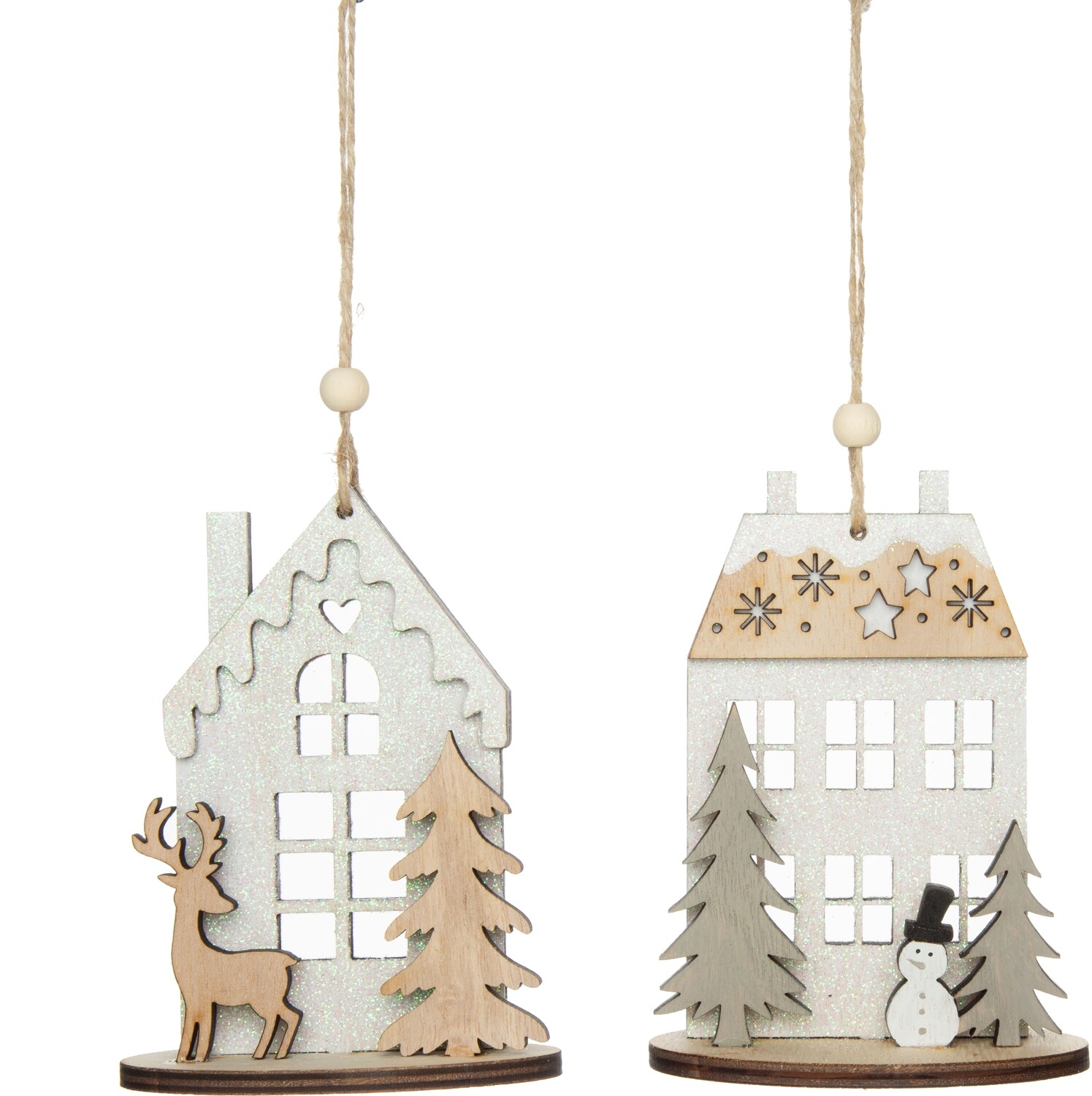 2 Asst&#39;d glittered wood house ornaments, white glittered back 7.75 in  24      