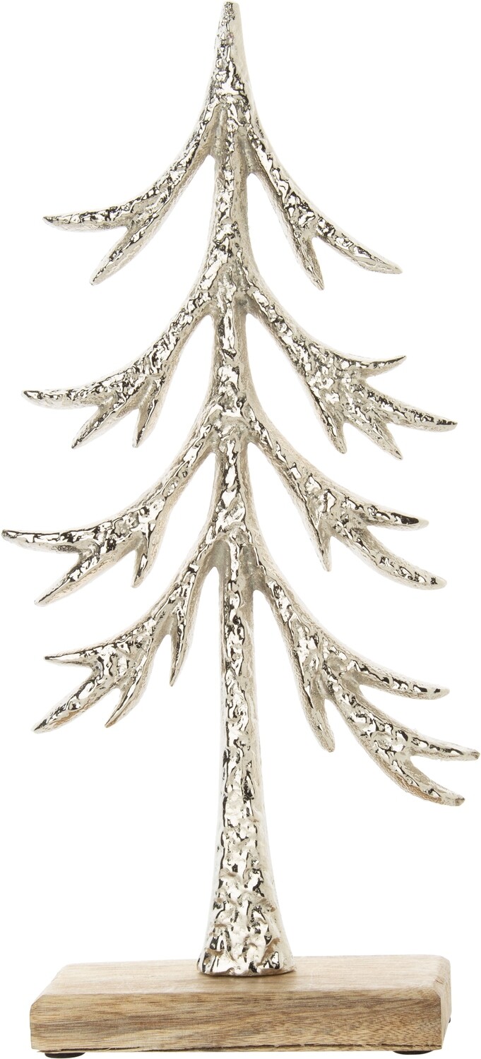 Cast metal tree table piece, silver tone plated finish, hardwood base 13 in  4      
