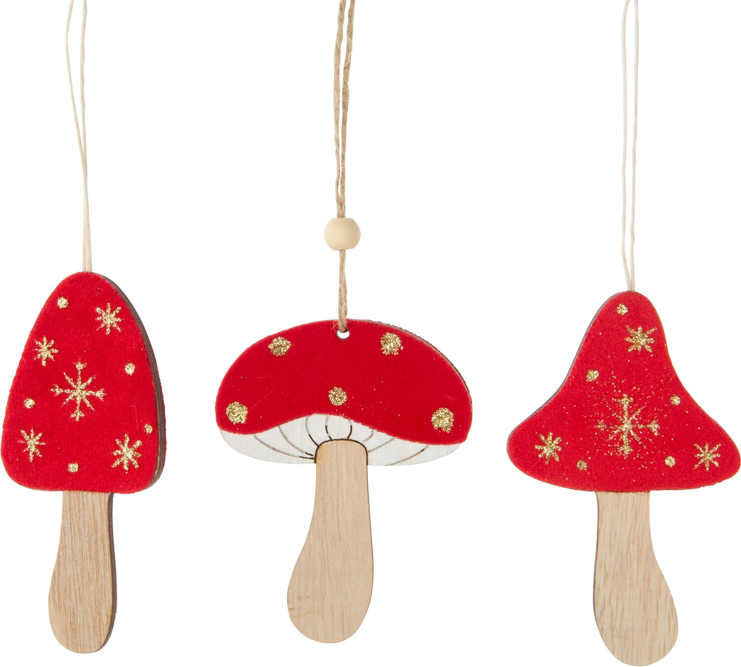 3 Asst'd mushroom ornaments, wood with red flock tops, gold glitters accents, 2-sided 5.5 in  24            