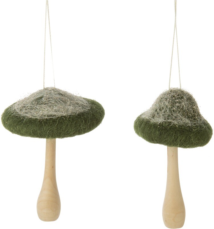 2 Asst&#39;d dark green felt top mushroom ornaments with wood base 4.75 in  12      
