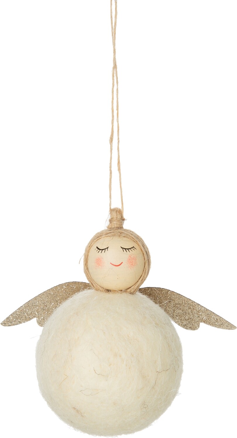Felt Ball angel ornament, off white with gold wings 4.25 in  12      