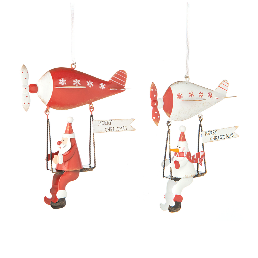 2 Asst&#39;d Santa and snowman on flying machines, spring hangers 6.25 in  8      