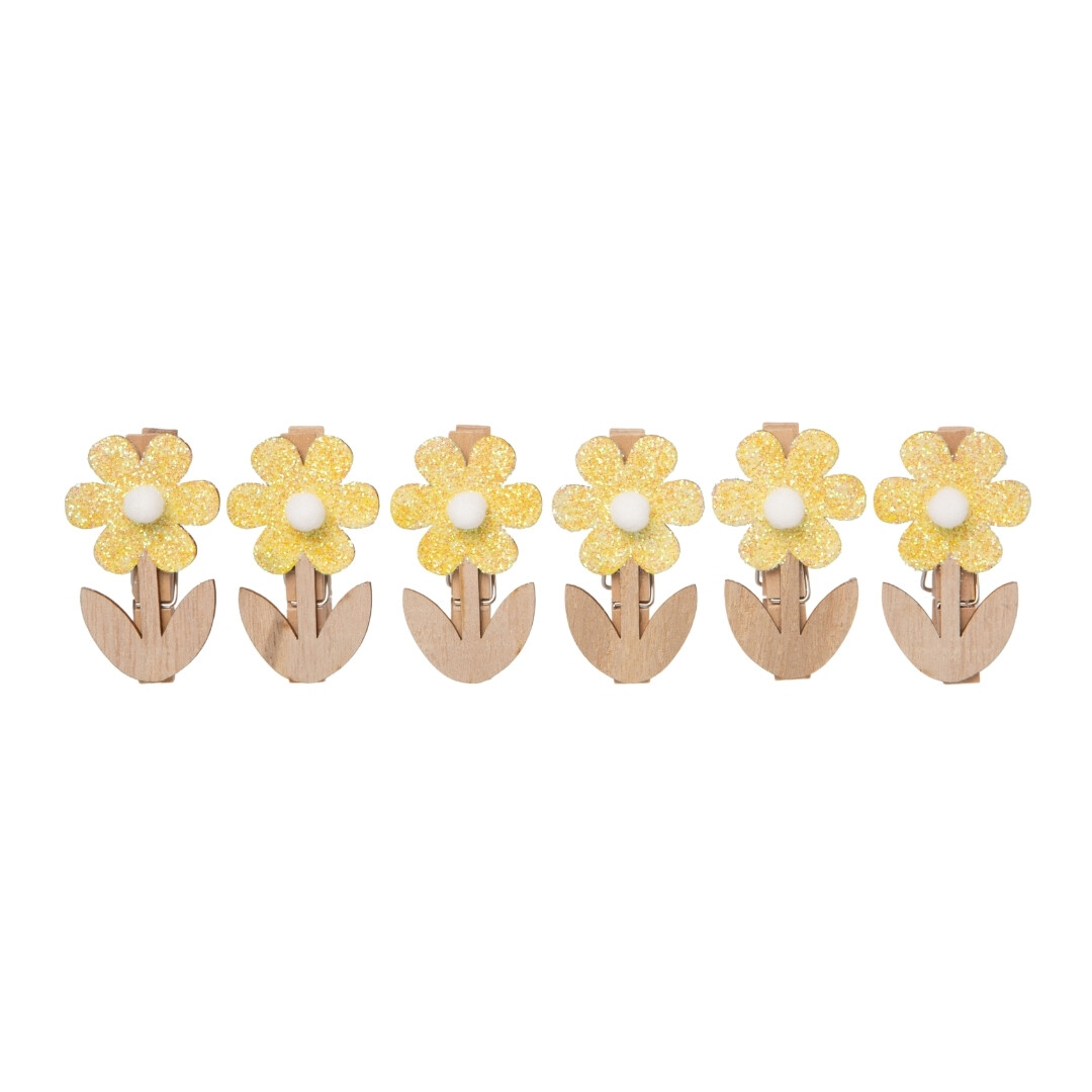 Set of 6 printed wood daisy mini clip orn, bag with header 2.5x1.5in  12       