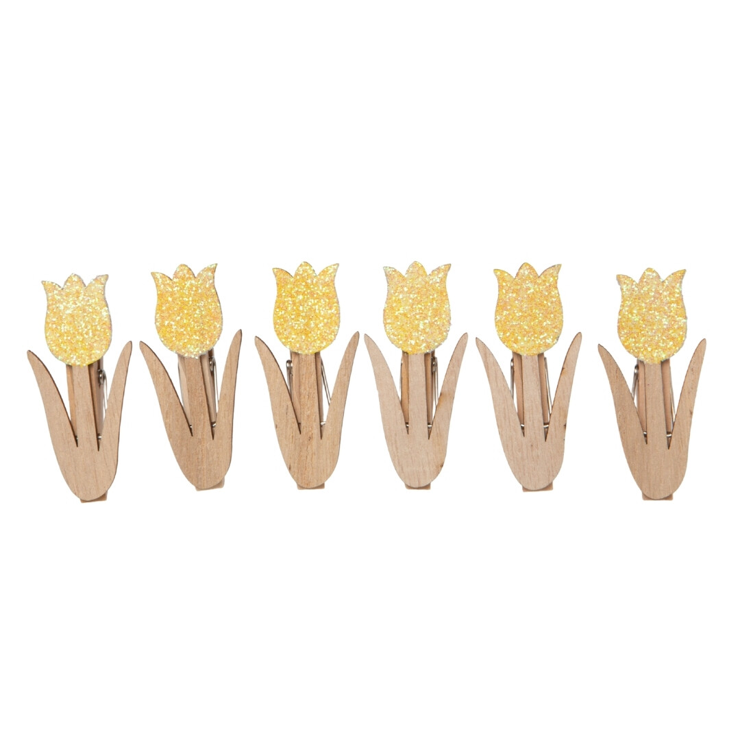 Set of 6 printed wood tulip mini clip orn, bag with header 2.5x1in  12       