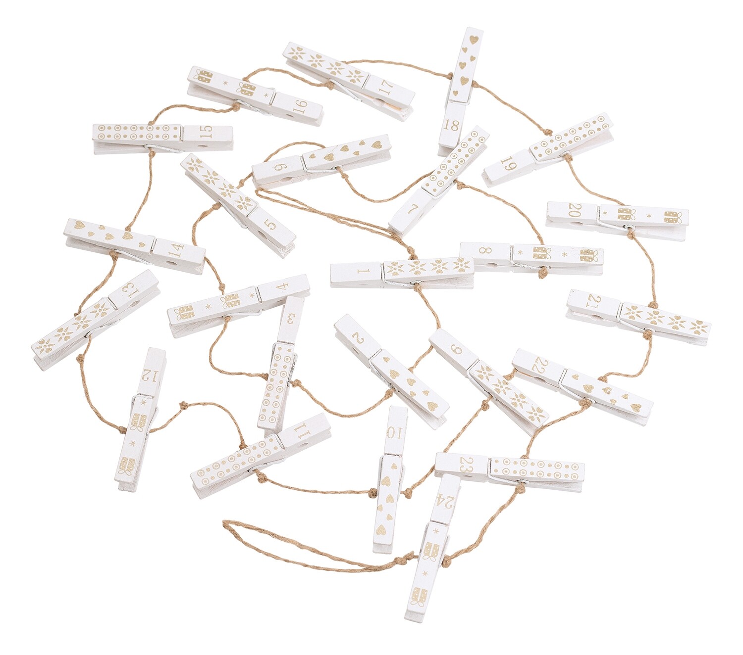 jute cord w/painted wht/gold clothes pins card/photo hanger garland, boxed  6            