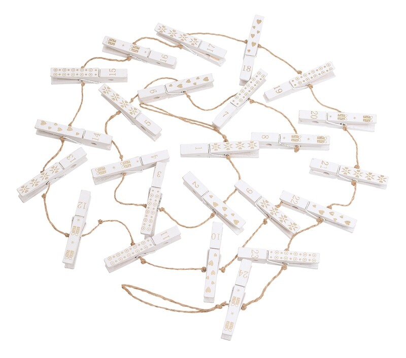 jute cord w/painted wht/gold clothes pins card/photo hanger garland, boxed  6            