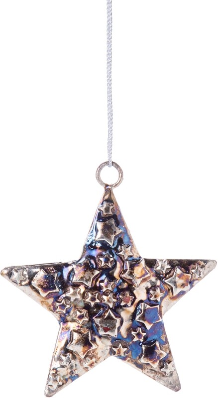 Embossed metal star ornament, mini star pattern with midnight blue glaze finish 3 in  12