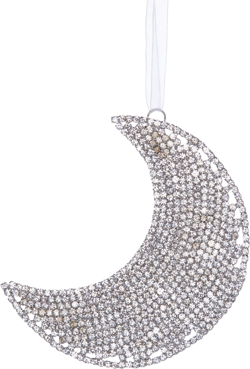 Rhinestone crescent moon in molded metal frame, shiny silver 4 in  6      