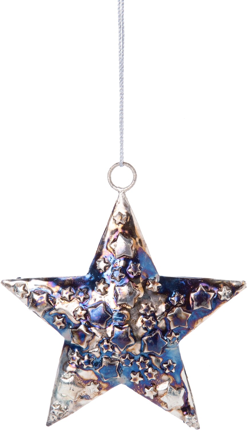 Embossed metal star ornament, mini star pattern with midnight blue glaze finish 4 in  12            