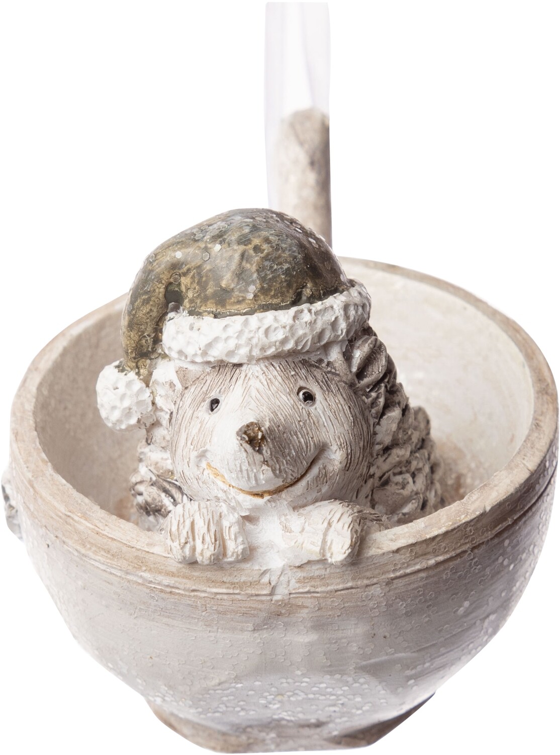 Hedgehog with Santa hat sitting in cup, taupe painted resin orn 2.6 in  12 -Z08 -25NP - S04/25