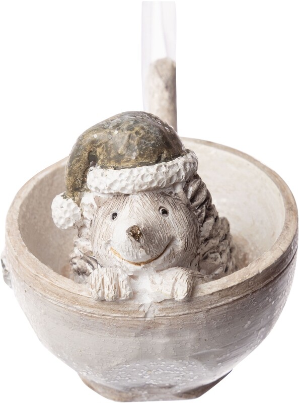 Hedgehog with Santa hat sitting in cup, taupe painted resin orn 2.6 in  12 -Z08 -25NP - S04/25