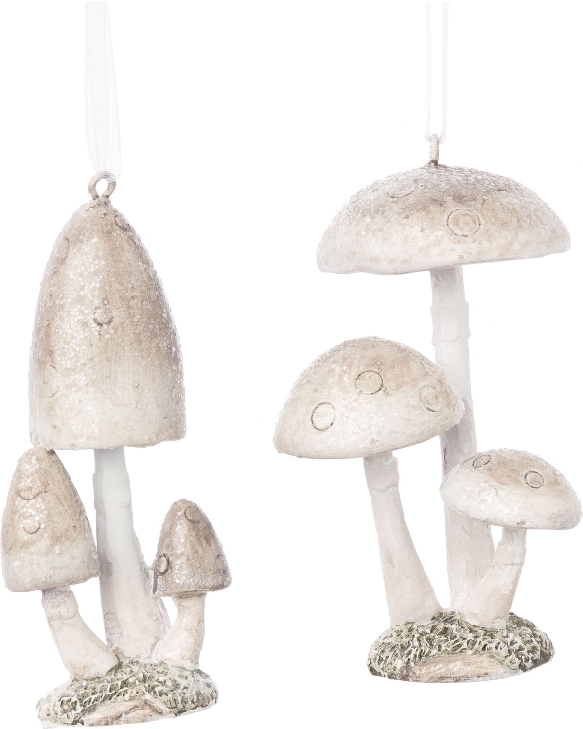 2 Asst&#39;d taupe mushroom cluster on grass base, painted resin orns 3.3 in  12      