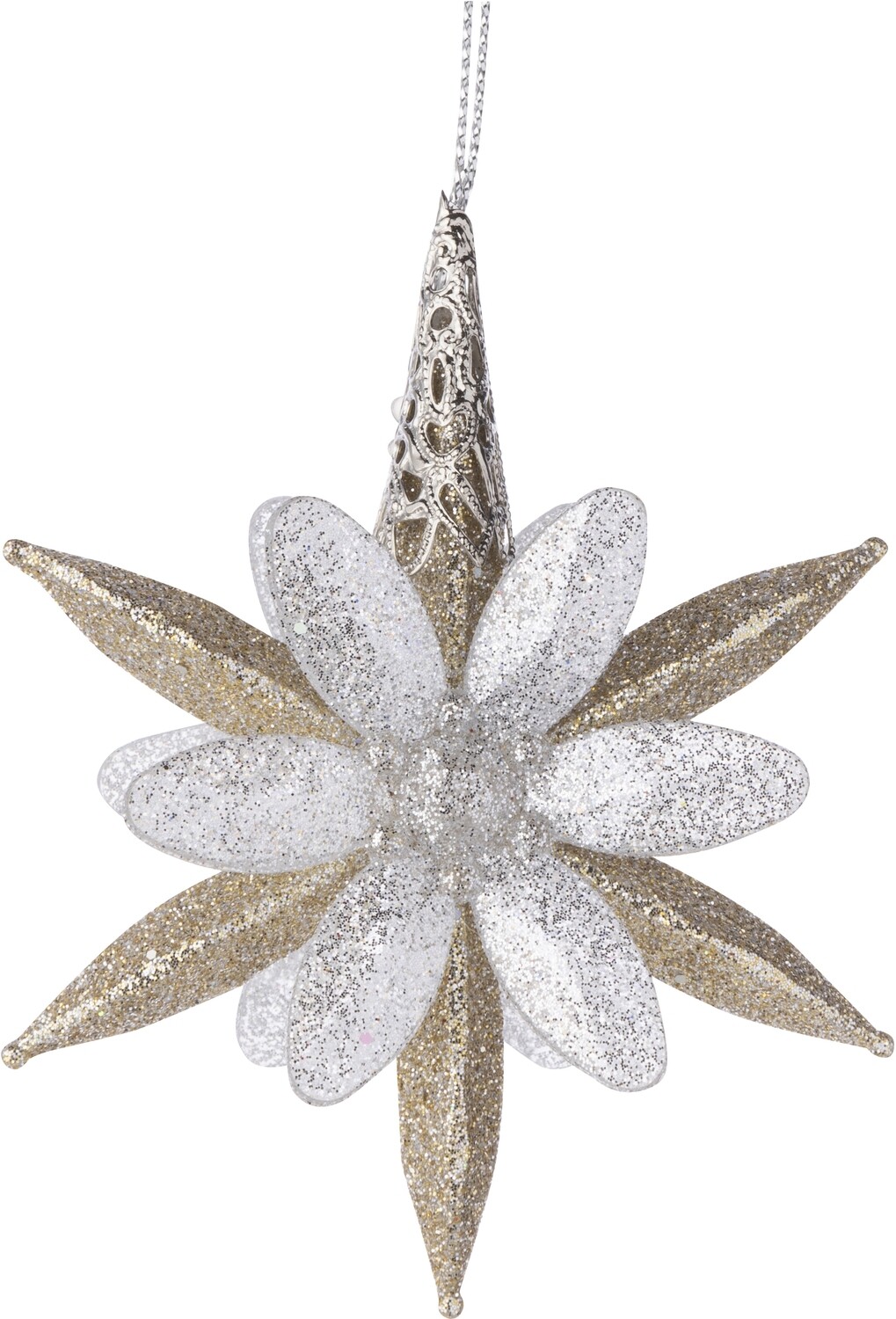 Silver glitter flower on pale gold glitter star orn 2.9x3.6 in  12            