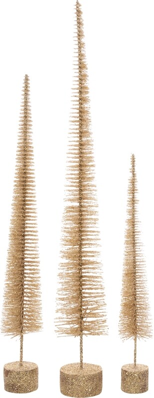 Set of 3 champagne bristle trees on glittered wood base tabletop 19.75+15.75+11.75 in  4      