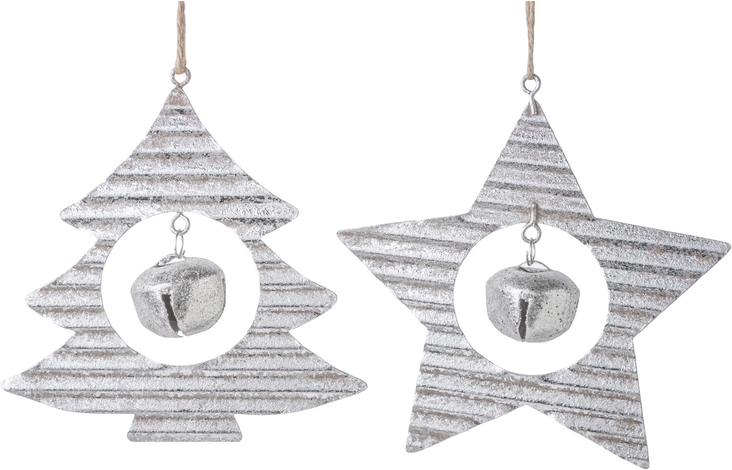 2 Asst'd corrugated tree and star ornament, silver foil finish with jingle bell 4.5 in  12            