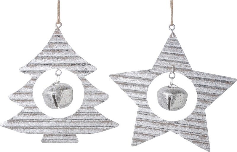 2 Asst&#39;d corrugated tree and star ornament, silver foil finish with jingle bell 4.5 in  12            