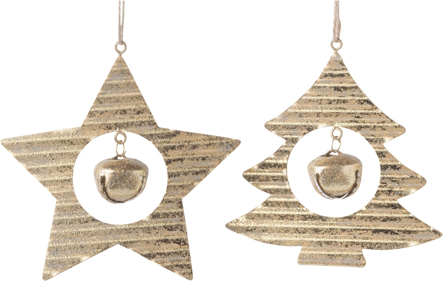 2 Asst&#39;d corrugated metal tree and star ornaments, gold foil finish, jingle bell center 4.5 in  12            