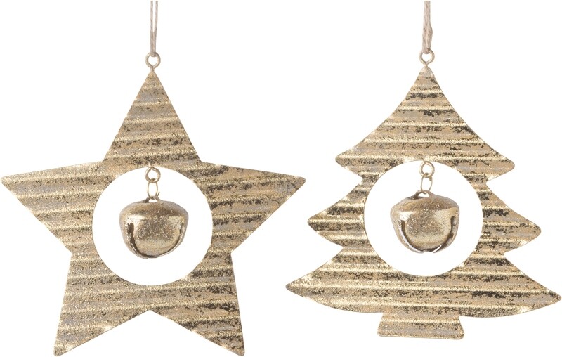 2 Asst&#39;d corrugated metal tree and star ornaments, gold foil finish, jingle bell center 4.5 in  12            