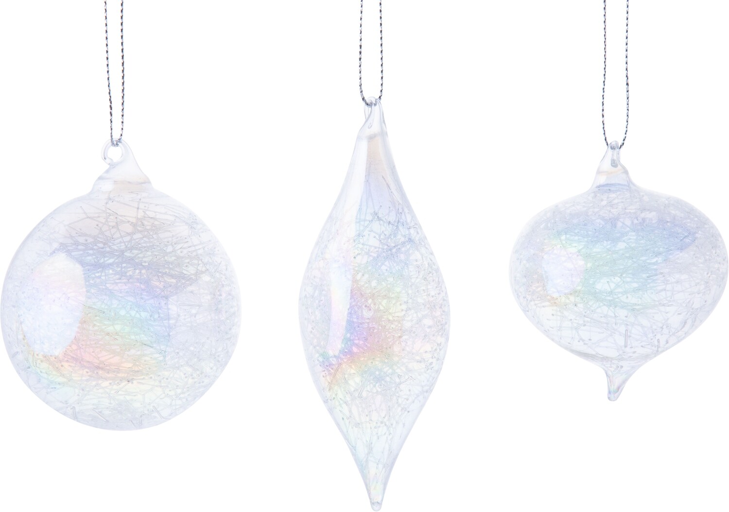 3 Asst&#39;d clear iridescent glass ornaments, ball, drop &amp; kismet with static interior 2.5-3 in  24      