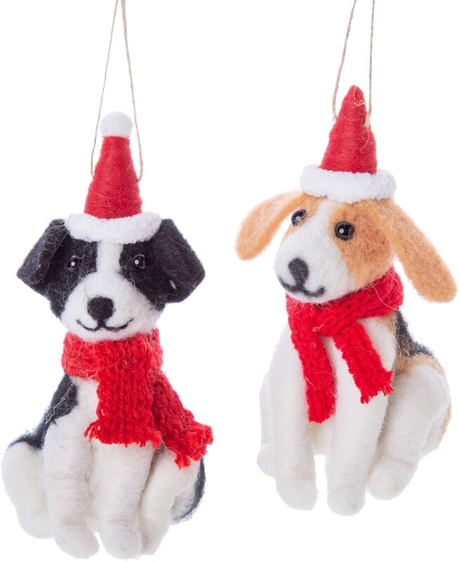 2 Asst'd felt sitting dog ornaments, Santa hats and scarves, 3.75 in  12      
